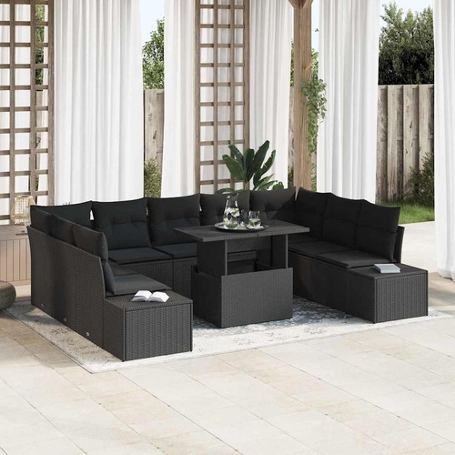 10 Piece Garden Sofa Set with Cushions Black Poly Rattan