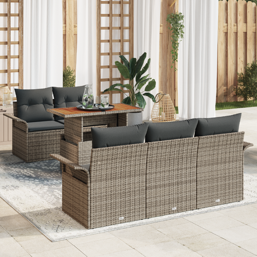 6 Piece Garden Sofa Set with Cushions Grey Poly Rattan Acacia