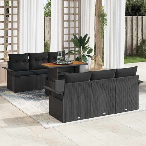 7 Piece Garden Sofa Set with Cushions Black Poly Rattan Acacia