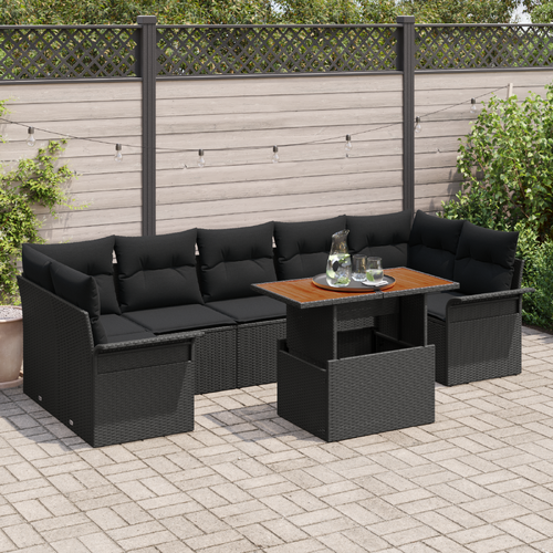 8 Piece Garden Sofa Set with Cushions Black Poly Rattan Acacia