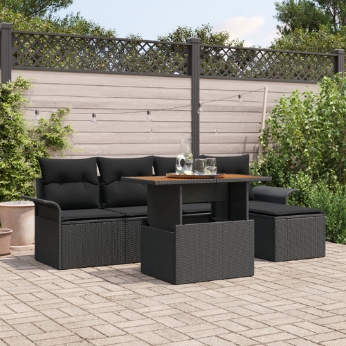 6 Piece Garden Dining Set with Cushions Black Poly Rattan Acacia
