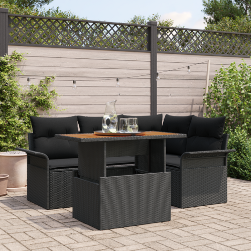 5 Piece Garden Dining Set with Cushions Black Poly Rattan Acacia