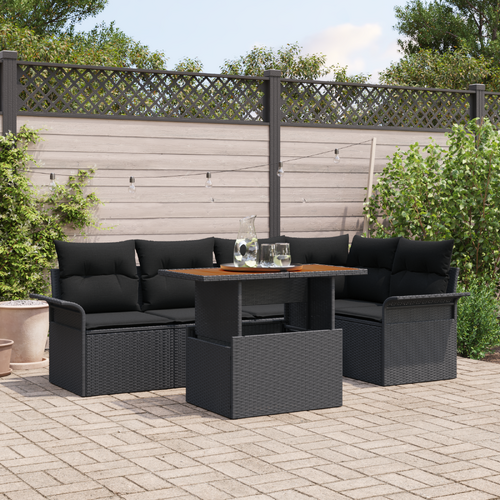 6 Piece Garden Dining Set with Cushions Black Poly Rattan Acacia