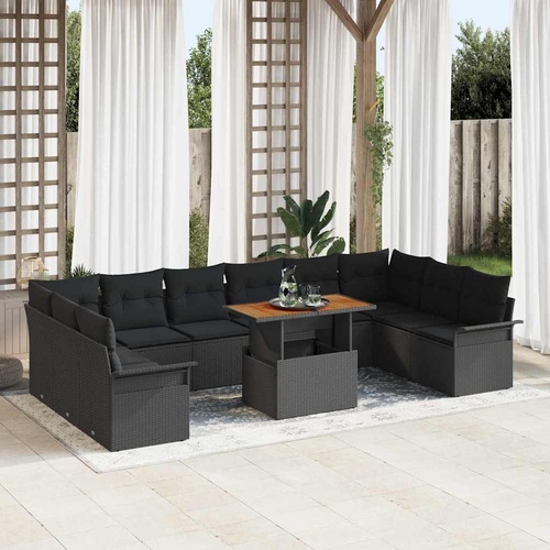 11 Piece Garden Dining Set with Cushions Black Poly Rattan Acacia
