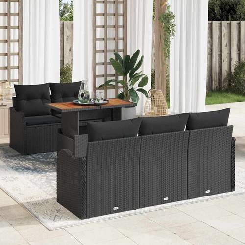 6 Piece Garden Sofa Set with Cushions Black Poly Rattan Acacia