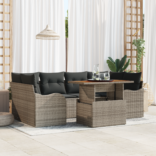 7 Piece Garden Sofa Set with Cushions Grey Poly Rattan Acacia