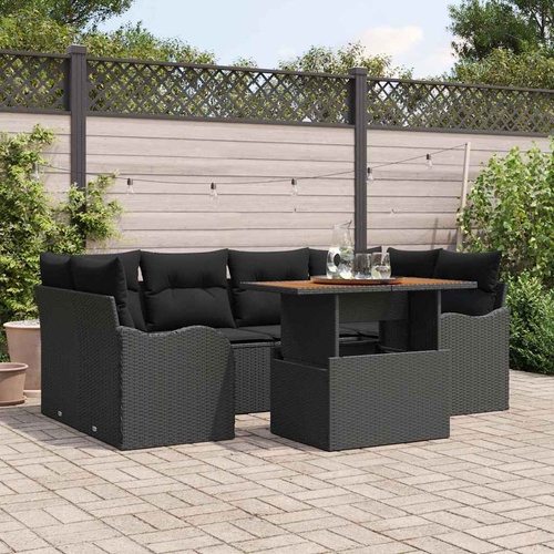 7 Piece Garden Sofa Set with Cushions Black Poly Rattan Acacia