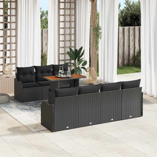 8 Piece Garden Sofa Set with Cushions Black Poly Rattan Acacia