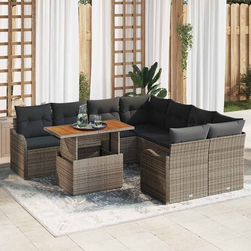 9 Piece Garden Sofa Set with Cushions Grey Poly Rattan Acacia