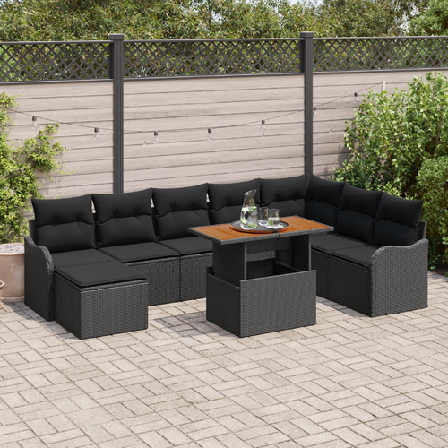 9 Piece Garden Sofa Set with Cushions Black Poly Rattan Acacia