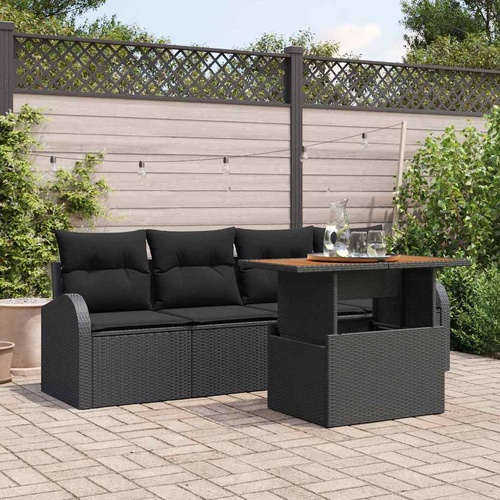 5 Piece Garden Dining Set with Cushions Black Poly Rattan Acacia