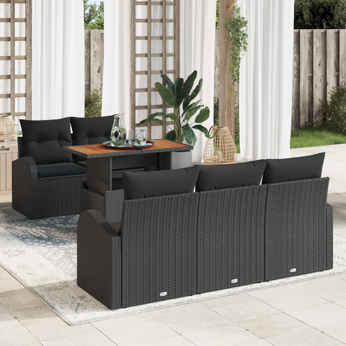 6 Piece Garden Dining Set with Cushions Black Poly Rattan Acacia
