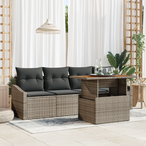 5 Piece Garden Dining Set with Cushions Grey Poly Rattan Acacia