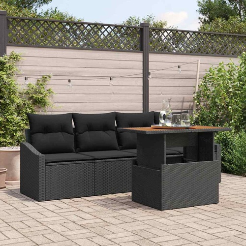 5 Piece Garden Dining Set with Cushions Black Poly Rattan Acacia