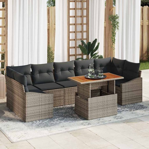 8 Piece Garden Dining Set with Cushions Grey Poly Rattan Acacia