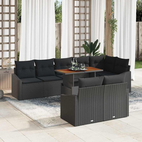 9 Piece Garden Dining Set with Cushions Black Poly Rattan Acacia