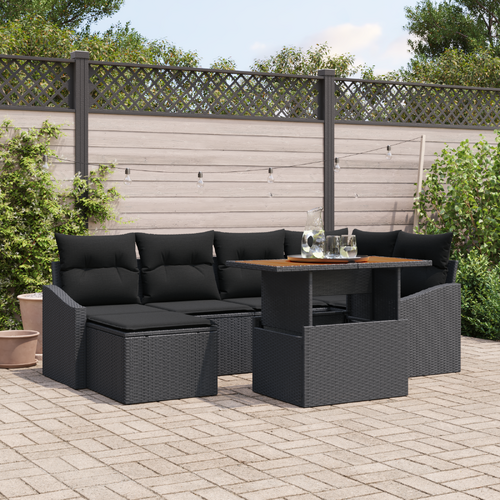 7 Piece Garden Dining Set with Cushions Black Poly Rattan Acacia