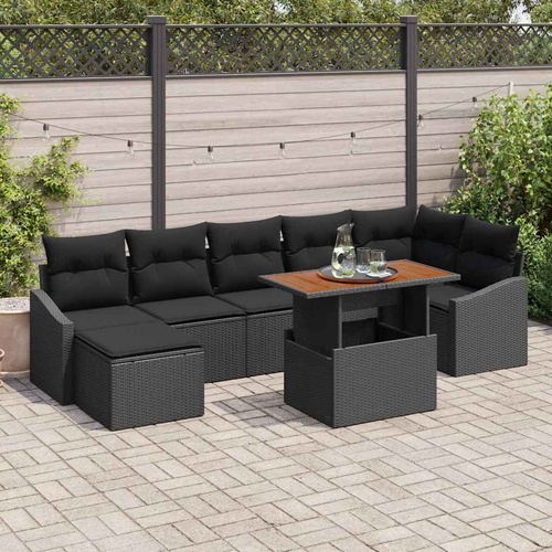 8 Piece Garden Dining Set with Cushions Black Poly Rattan Acacia