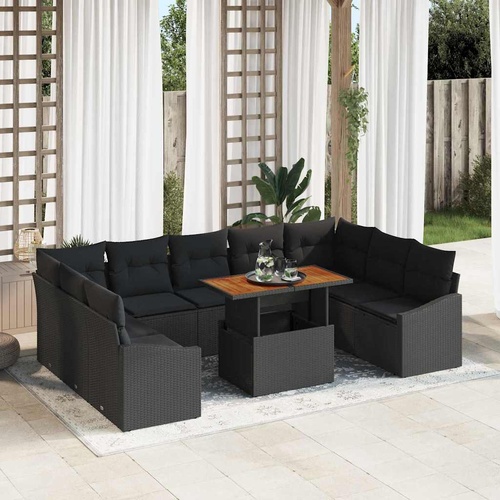10 Piece Garden Dining Set with Cushions Black Poly Rattan Acacia