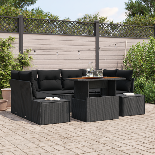 7 Piece Garden Dining Set with Cushions Black Poly Rattan Acacia