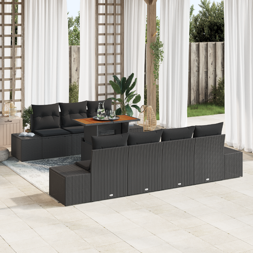 8 Piece Garden Dining Set with Cushions Black Poly Rattan Acacia