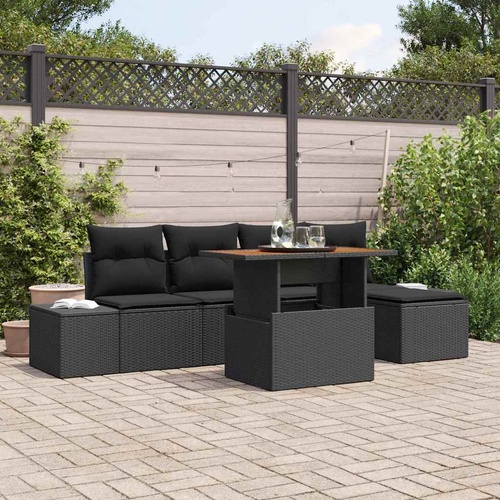 6 Piece Garden Dining Set with Cushions Black Poly Rattan Acacia