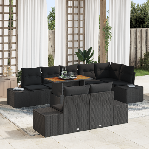 9 Piece Garden Dining Set with Cushions Black Poly Rattan Acacia