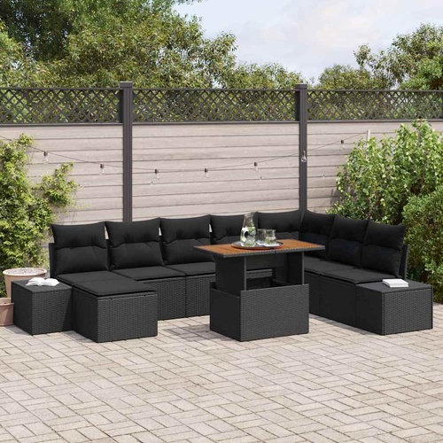 9 Piece Garden Dining Set with Cushions Black Poly Rattan Acacia