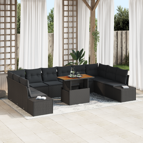 11 Piece Garden Dining Set with Cushions Black Poly Rattan Acacia