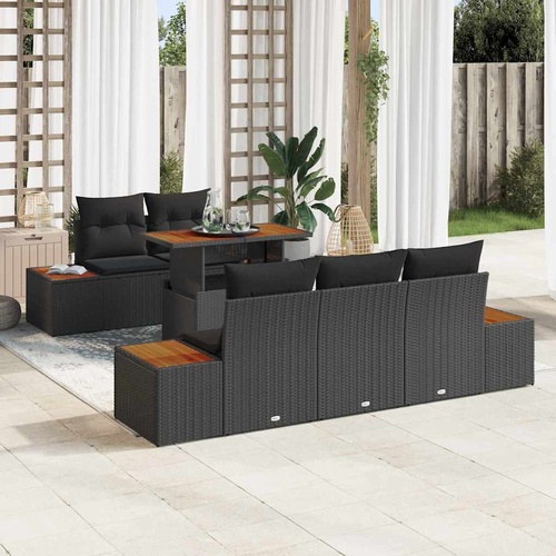6 Piece Garden Dining Set with Cushions Black Poly Rattan Acacia