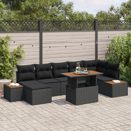 8 Piece Garden Dining Set with Cushions Black Poly Rattan Acacia
