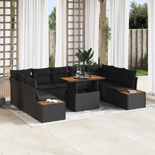 10 Piece Garden Dining Set with Cushions Black Poly Rattan Acacia