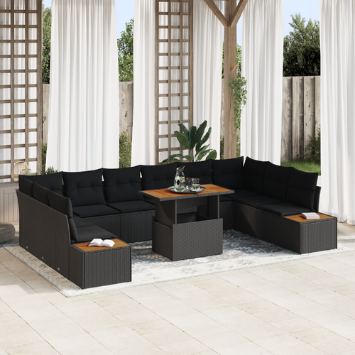11 Piece Garden Dining Set with Cushions Black Poly Rattan Acacia