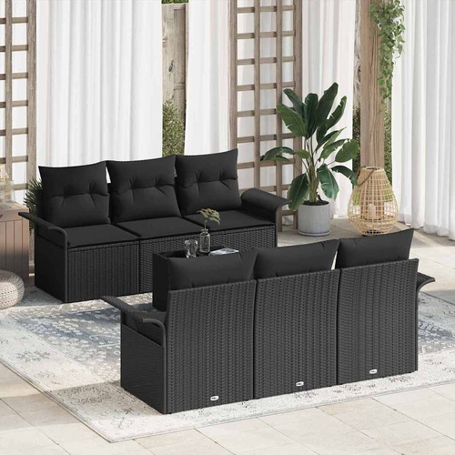 7 Piece Garden Sofa Set with Cushions Black Poly Rattan