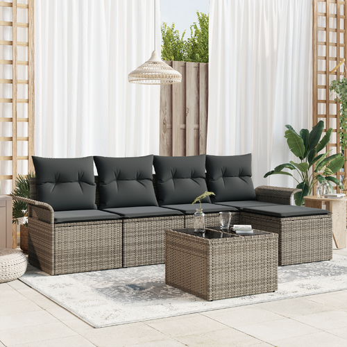 5 Piece Garden Sofa Set with Cushions Black Poly Rattan