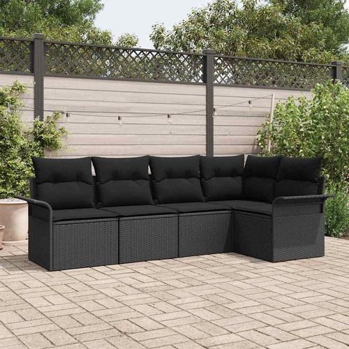 5 Piece Garden Sofa Set with Cushions Black Poly Rattan