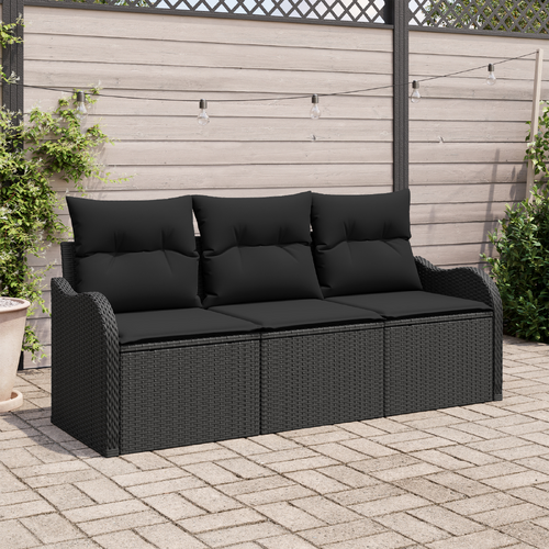 3 Piece Garden Sofa Set with Cushions Black Poly Rattan