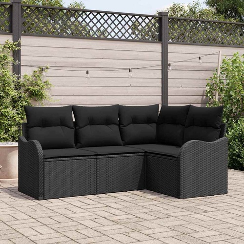 4 Piece Garden Sofa Set with Cushions Black Poly Rattan