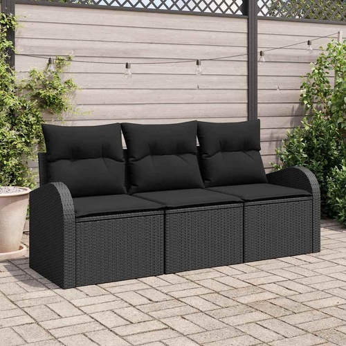 3 Piece Garden Sofa Set with Cushions Black Poly Rattan