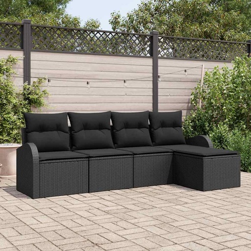 5 Piece Garden Sofa Set with Cushions Black Poly Rattan