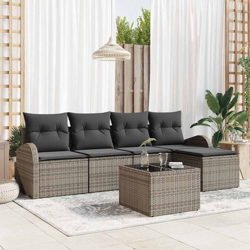5 Piece Garden Sofa Set with Cushions Black Poly Rattan