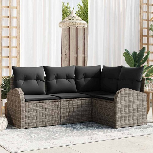 4 Piece Garden Sofa Set with Cushions Grey Poly Rattan