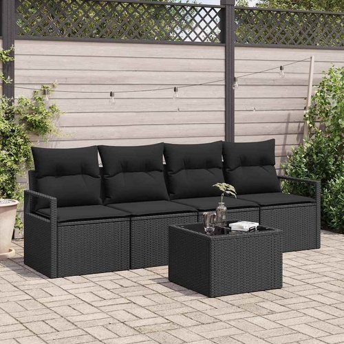 5 Piece Garden Sofa Set with Cushions Black Poly Rattan