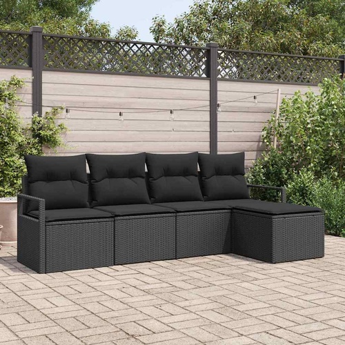 5 Piece Garden Sofa Set with Cushions Black Poly Rattan