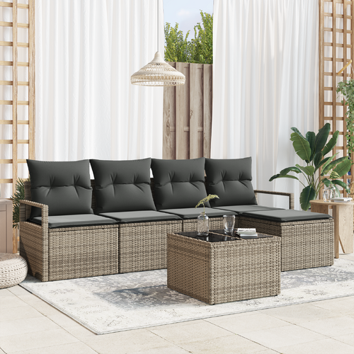 5 Piece Garden Sofa Set with Cushions Black Poly Rattan