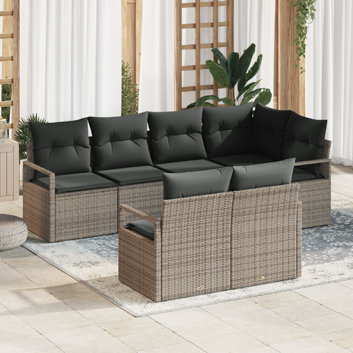 7 Piece Garden Sofa Set with Cushions - Grey Poly Rattan