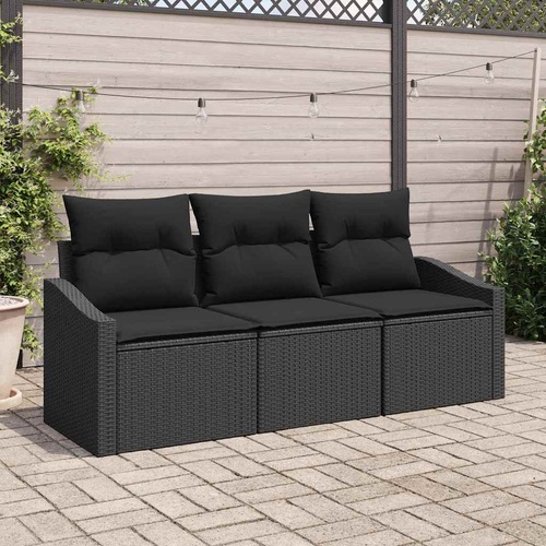 3 Piece Garden Dining Set with Cushions Black Poly Rattan