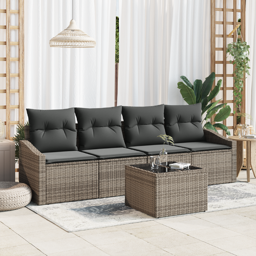 5 Piece Garden Dining Set with Cushions Grey Poly Rattan