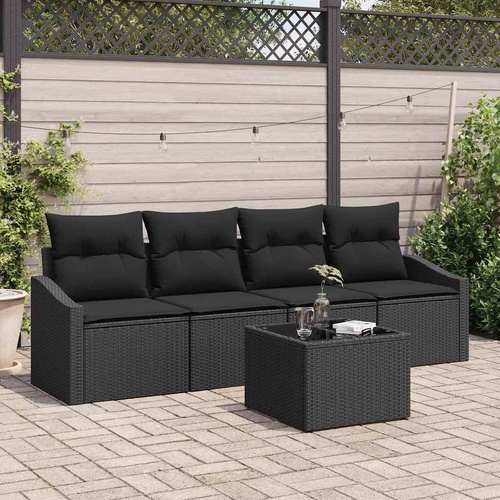 5 Piece Garden Dining Set with Cushions Black Poly Rattan