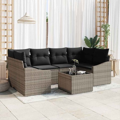 7 Piece Garden Dining Set with Cushions Grey Poly Rattan